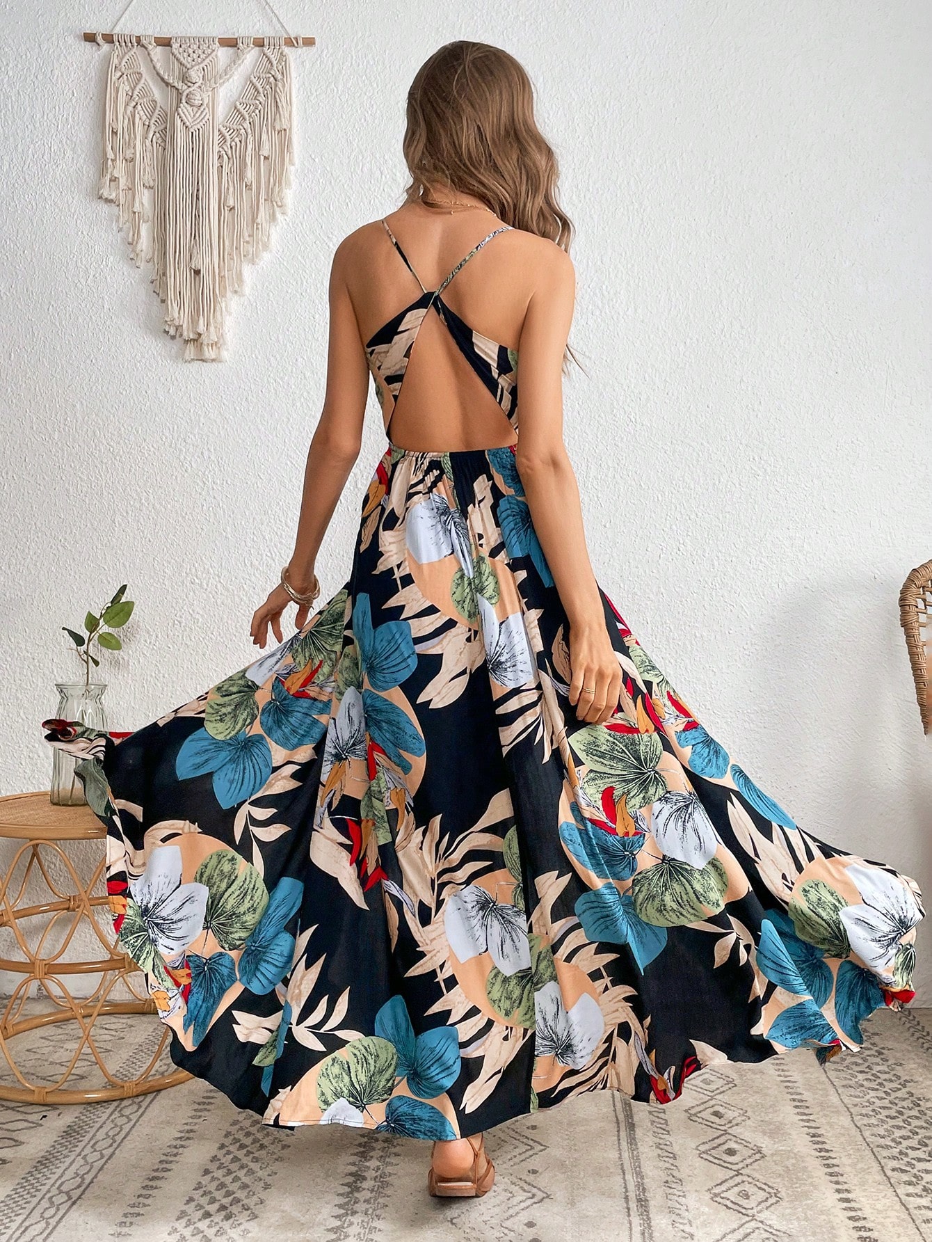 Tropical Print Crossover Neck Off-The-Shoulder Slit Dress