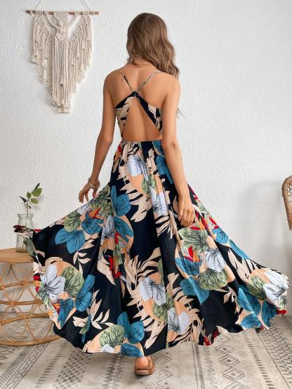 Tropical Print Crossover Neck Off-The-Shoulder Slit Dress