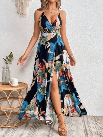 Tropical Print Crossover Neck Off-The-Shoulder Slit Dress