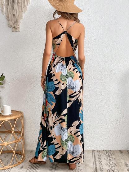 Tropical Print Crossover Neck Off-The-Shoulder Slit Dress