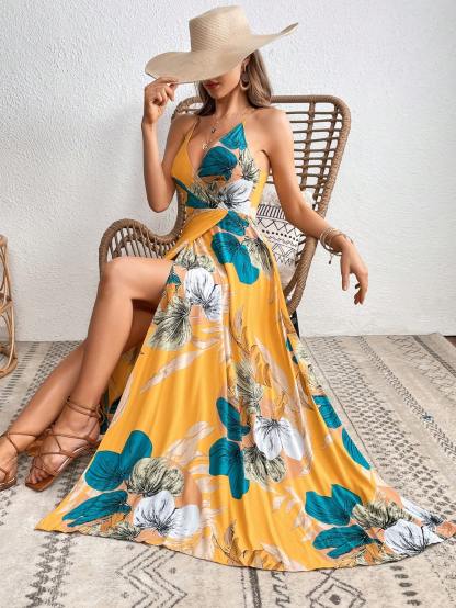 Tropical Print Crossover Neck Off-The-Shoulder Slit Dress