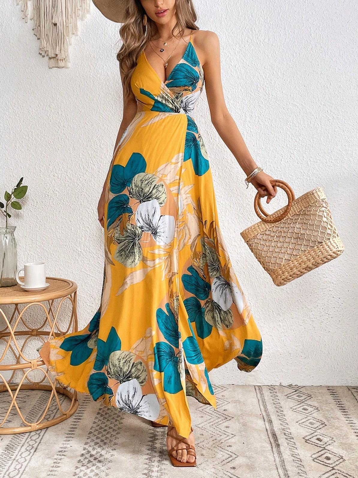 Tropical Print Crossover Neck Off-The-Shoulder Slit Dress