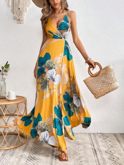 Tropical Print Crossover Neck Off-The-Shoulder Slit Dress