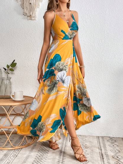 Tropical Print Crossover Neck Off-The-Shoulder Slit Dress