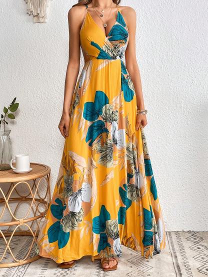 Tropical Print Crossover Neck Off-The-Shoulder Slit Dress