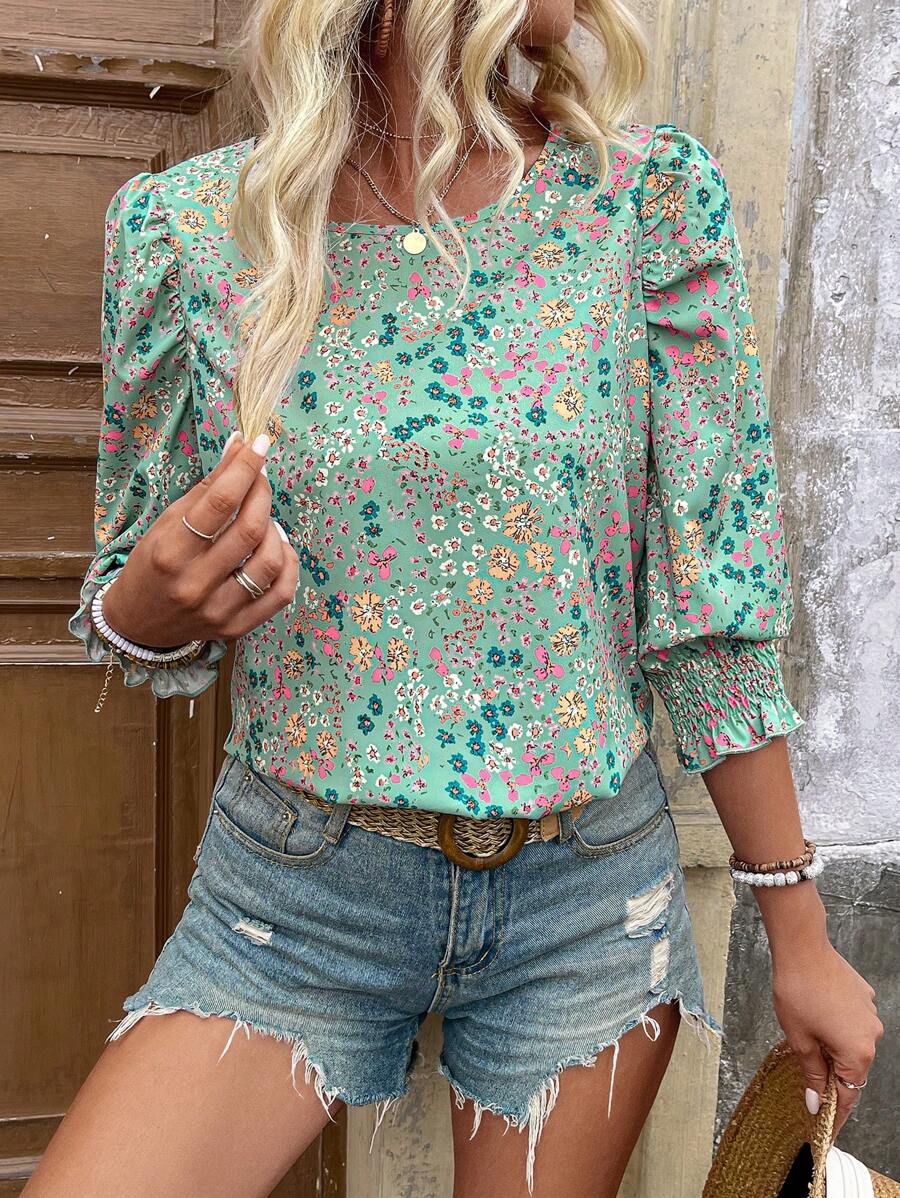 Women's Vacation Style Printed Three Quarter Sleeve Tops