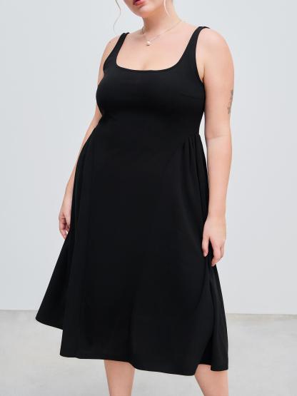 Woven Square Neck Solid Ruffle Midi Dress Curve