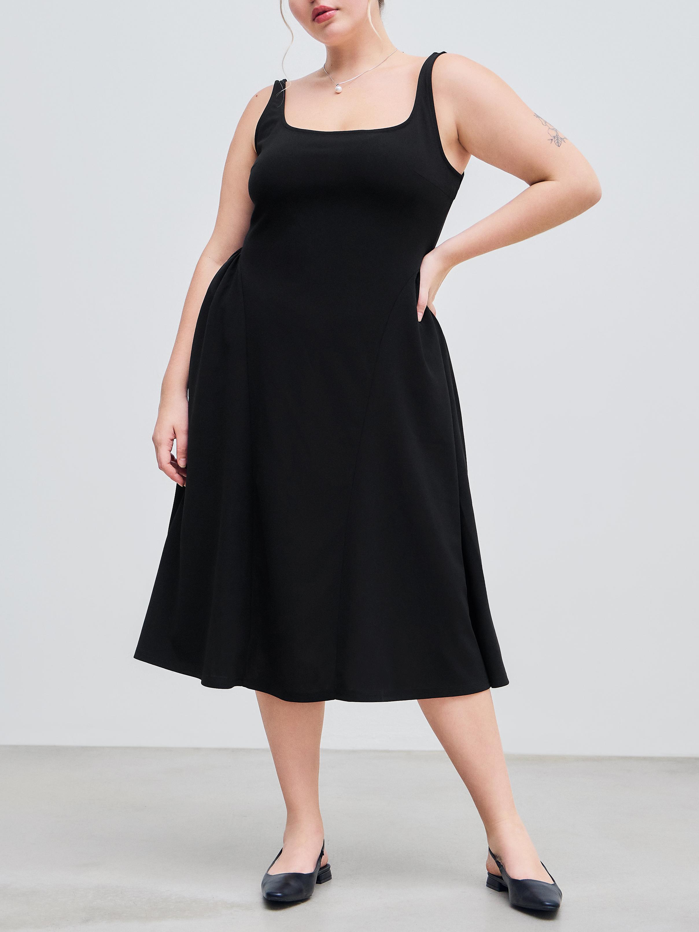 Woven Square Neck Solid Ruffle Midi Dress Curve