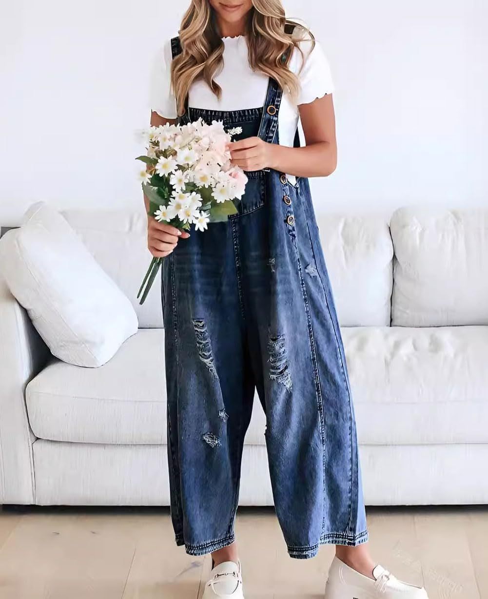 Loose Fit Adjustable Strap Distressed Denim Bib Overalls(buy 2 free shipping!!!)