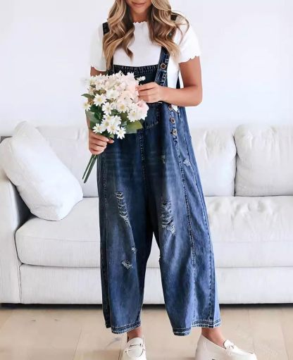 Loose Fit Adjustable Strap Distressed Denim Bib Overalls(buy 2 free shipping!!!)