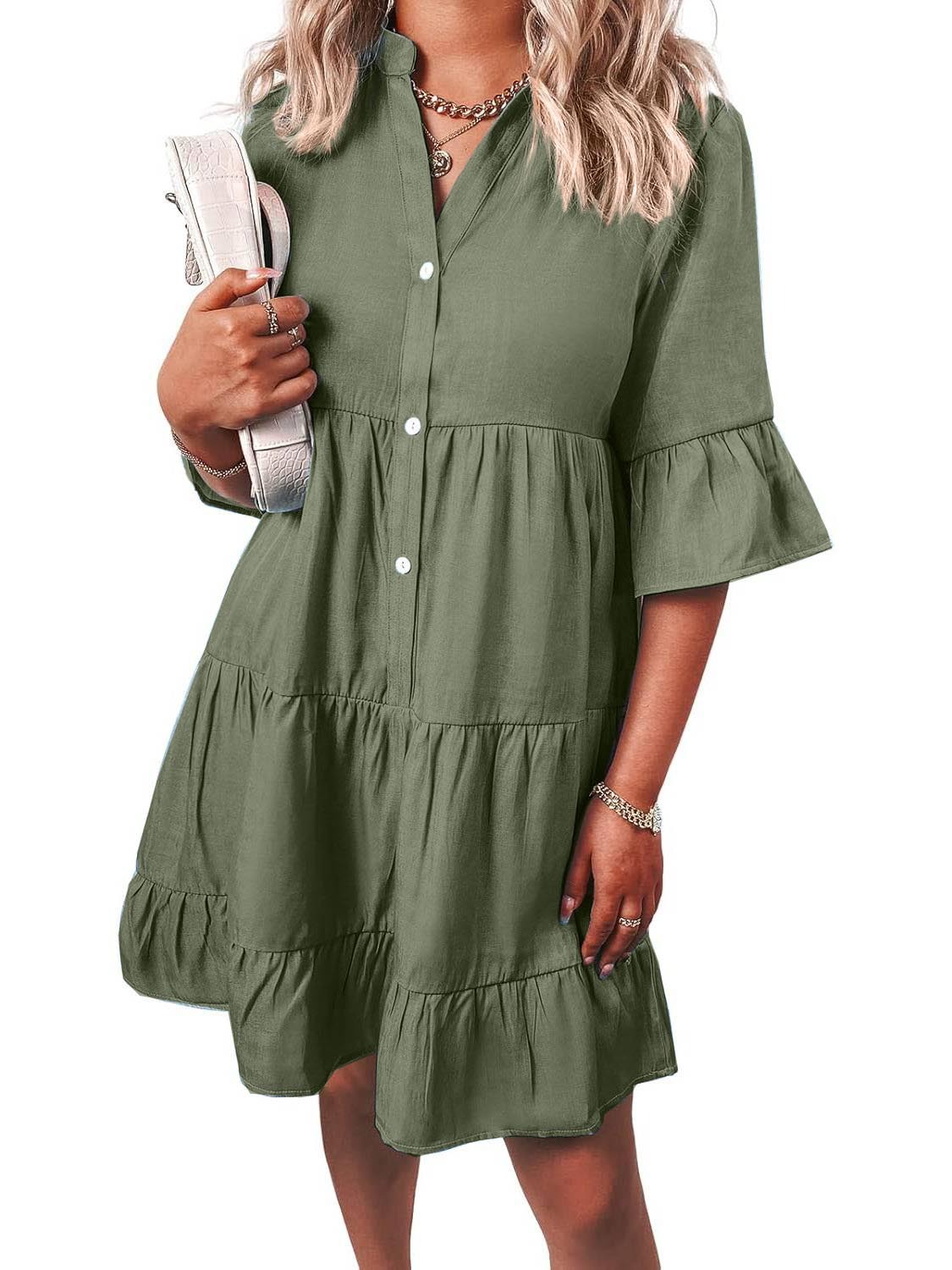 Women Casual V Neck Ruffle Short Sleeve Denim Dress