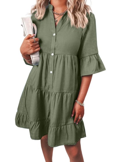 Women Casual V Neck Ruffle Short Sleeve Denim Dress