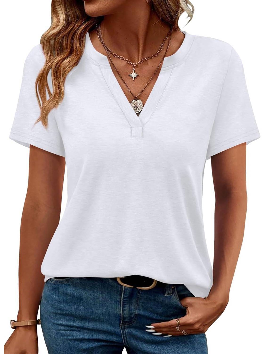 ⏰Hot Sale-Womens Short Sleeve V Neck Casual Loose Fit T-shirts (Buy 3