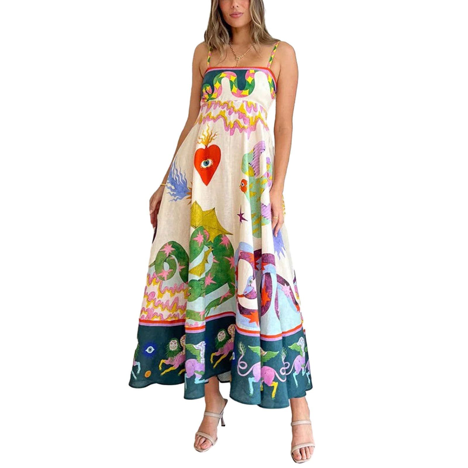 Women Boho Beach Spaghetti Strap Flowy Dress