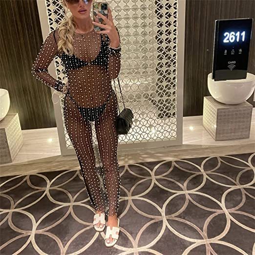 Summer Pearl Rhinestone Maxi Dress Beach Swimsuit Bikini Cover Ups