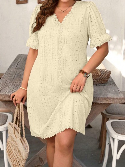 Womens Casual V Neck Contrast Lace Dress
