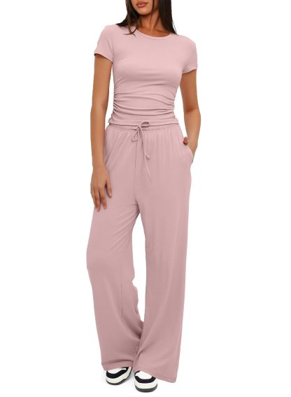 Women's Ruched Short Sleeve Tops and High Waisted Wide Leg Pants  Sets