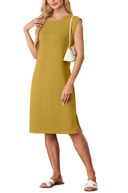 ⏰Hot Sale-Women Round Neck Loose Split Wrinkle-Free Midi Dress with Pockets(Buy 2 Free Shipping) 