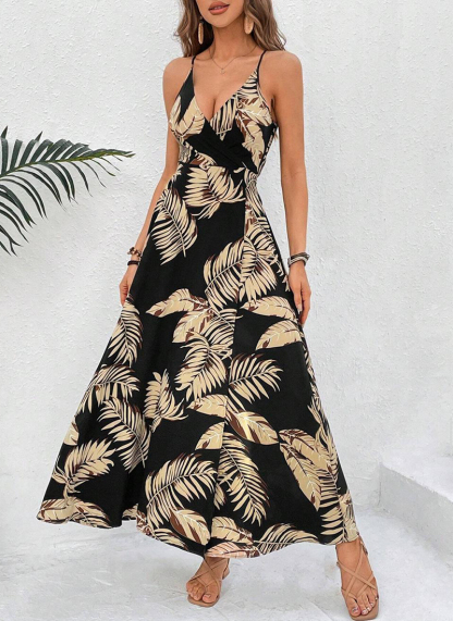 Tropical Print Crossover Neck Off-The-Shoulder Slit Dress(Buy 2 Free Shipping)