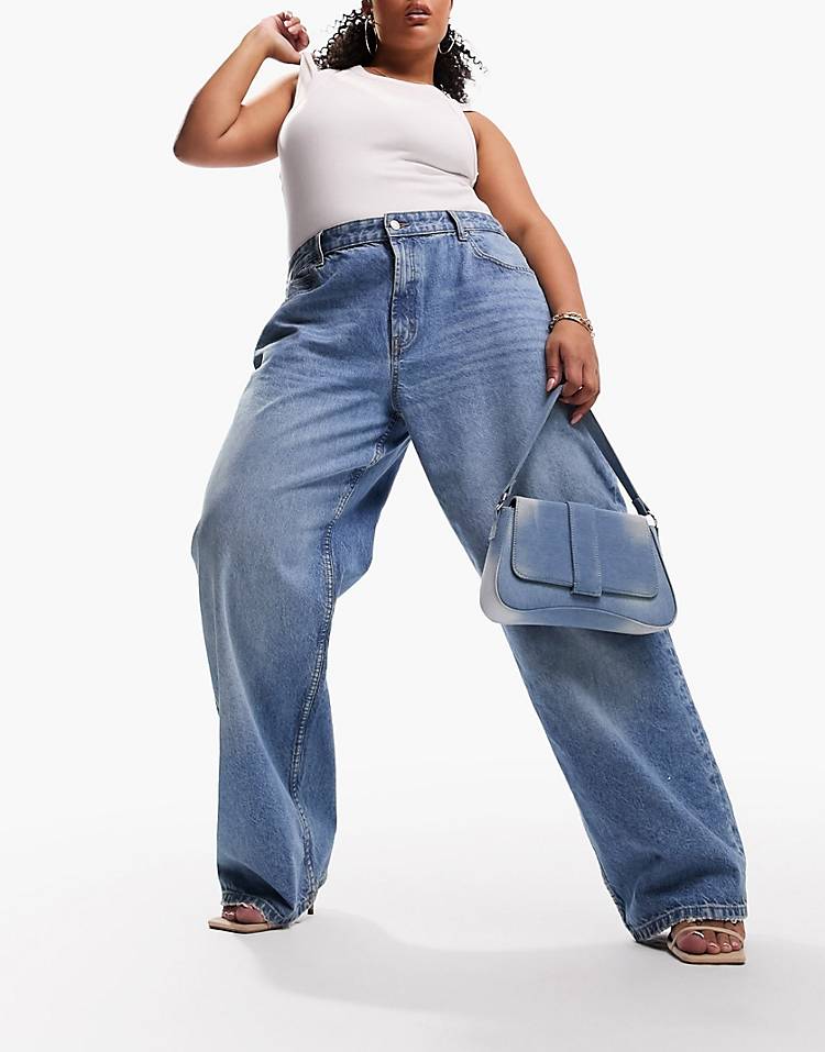 Curve baggy boyfriend jeans in mid blue