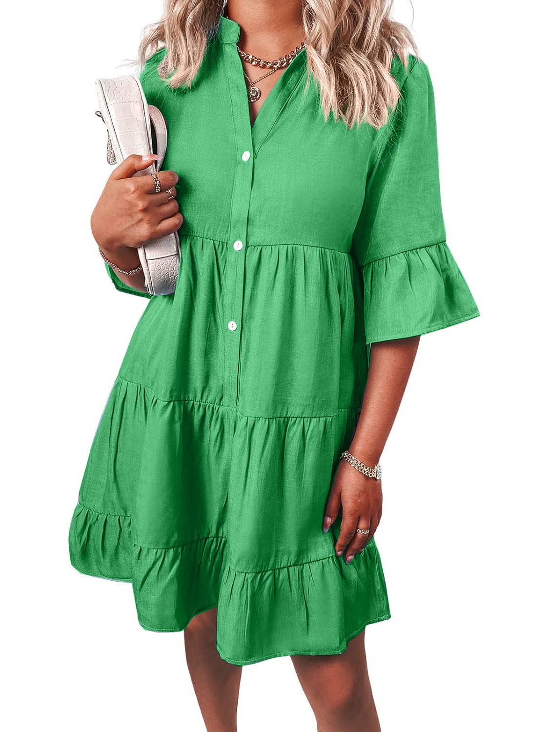 Women Casual V Neck Ruffle Short Sleeve Denim Dress