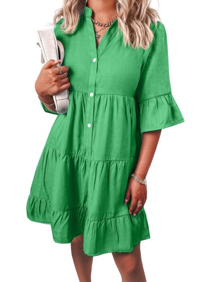 Women Casual V Neck Ruffle Short Sleeve Denim Dress