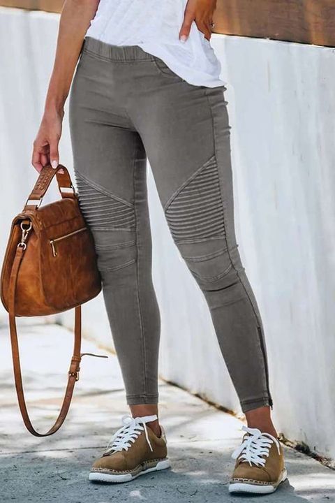 Solid Slant Pocket Zip Side Seam Detail Skinny Jeans