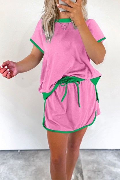 Women's Colorblock Drop Shoulder T Shirt Skort 2Pcs Set
