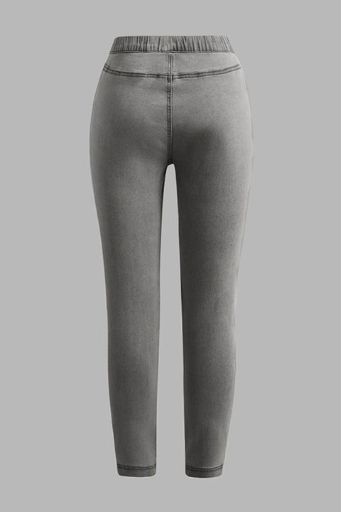 Solid Slant Pocket Zip Side Seam Detail Skinny Jeans