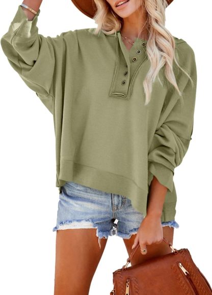 2024 Fashion Fall V Neck Button Down Long Sleeve Hooded Sweatshirts Tops