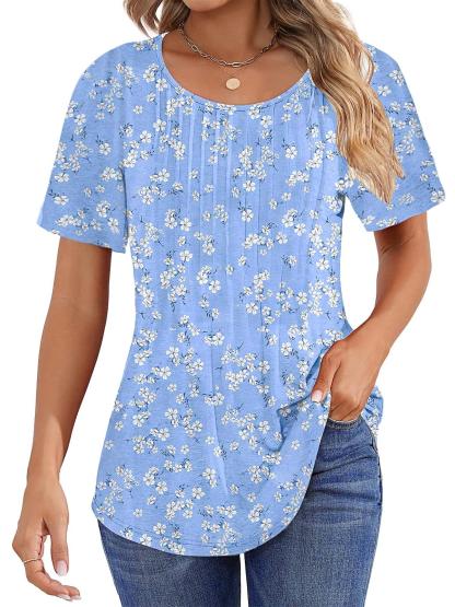 Women Summer Pleated Short Sleeve Tunic Blouses Shirts