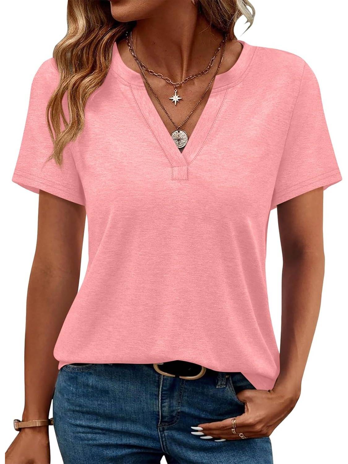 Womens Short Sleeve V Neck Casual Loose Fit T-shirts