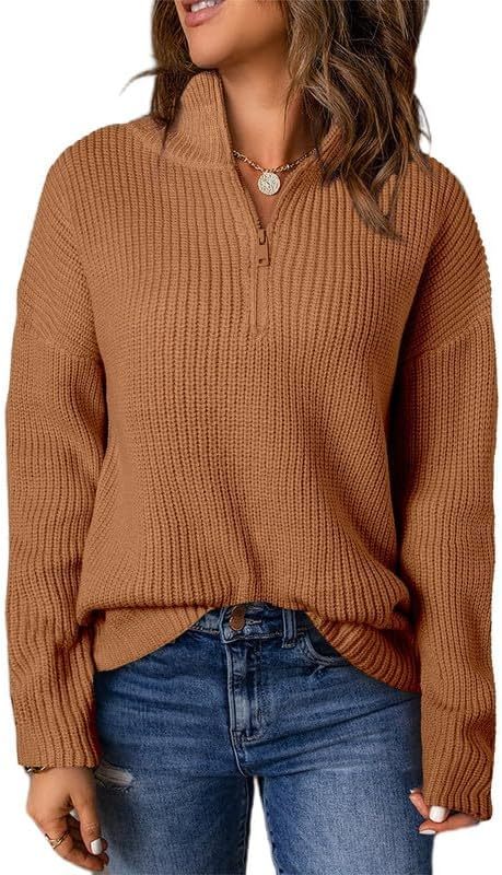 Womens Long Sleeve 1/4 Zip Pullover Polo V Neck Casual Sweaters Tops