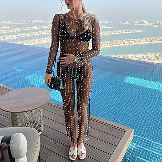 Summer Pearl Rhinestone Maxi Dress Beach Swimsuit Bikini Cover Ups