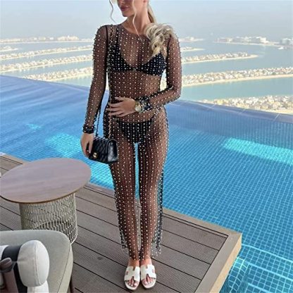 Summer Pearl Rhinestone Maxi Dress Beach Swimsuit Bikini Cover Ups
