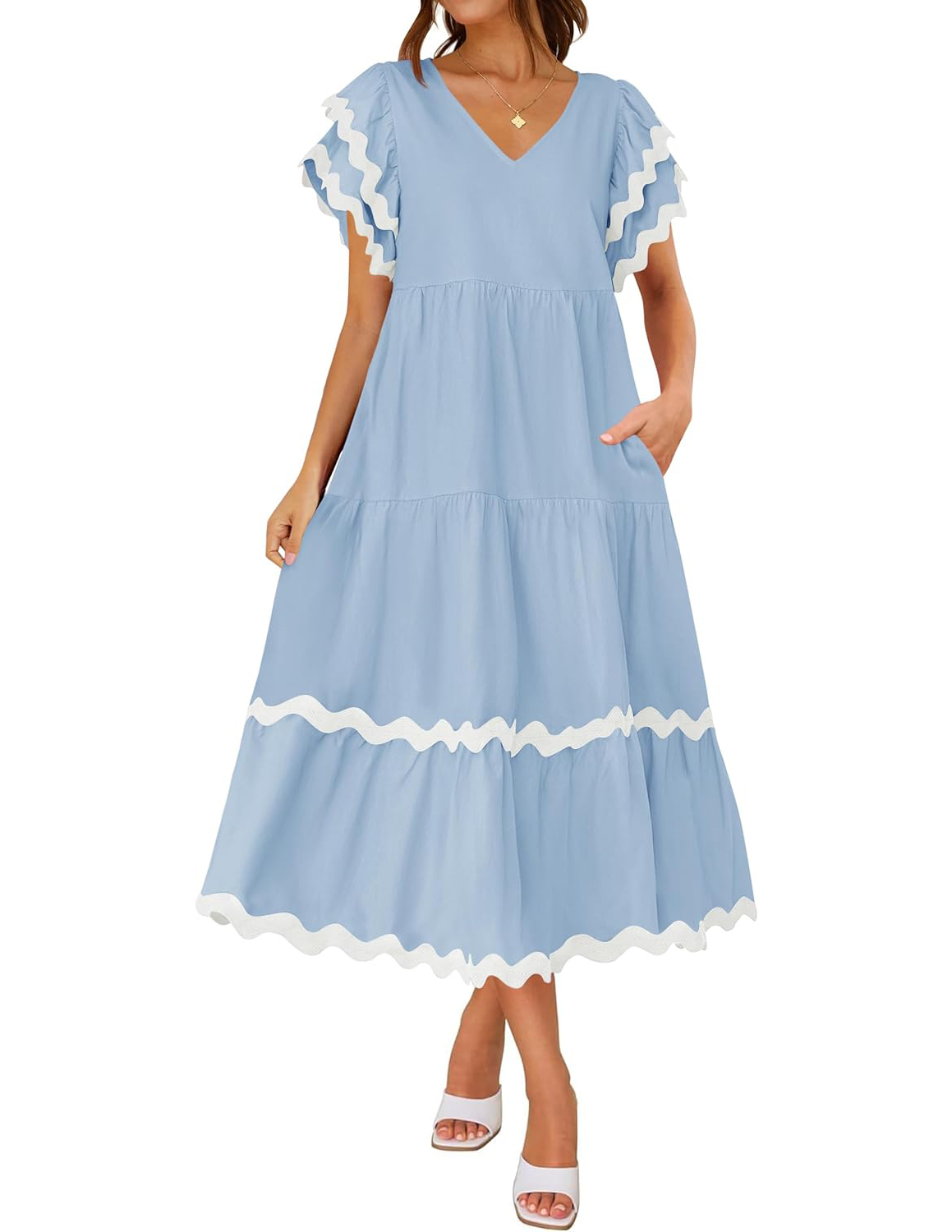 Womens V Neck Flutter Ruffle Tiered Midi Dress(⏰50% OFF TODAY)