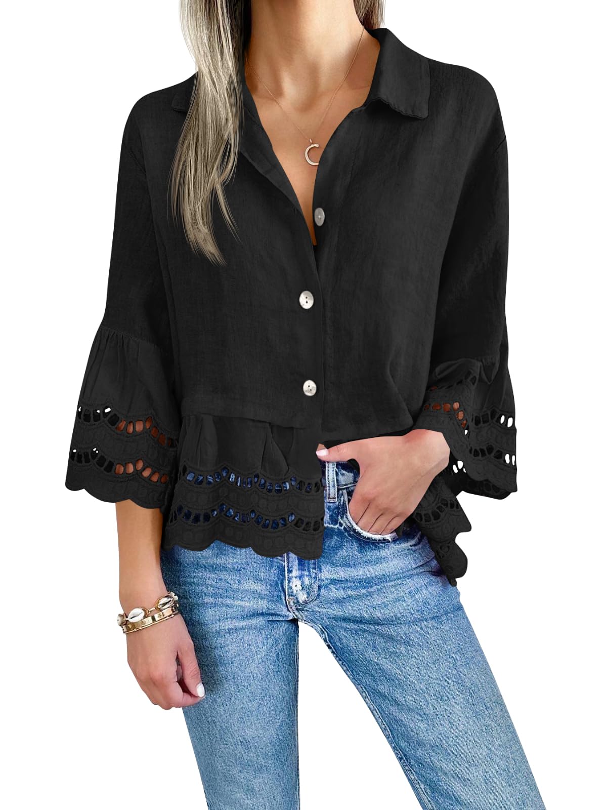 2024 Chic Ruffle Hem Blouse with Hollow Out Design(Buy 2 Free Shipping）