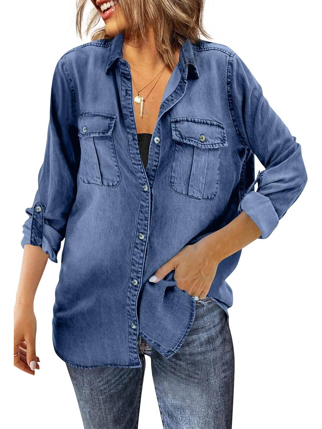 Women's Fashion Casual Lapel Pocket Tencel Denim Shirt