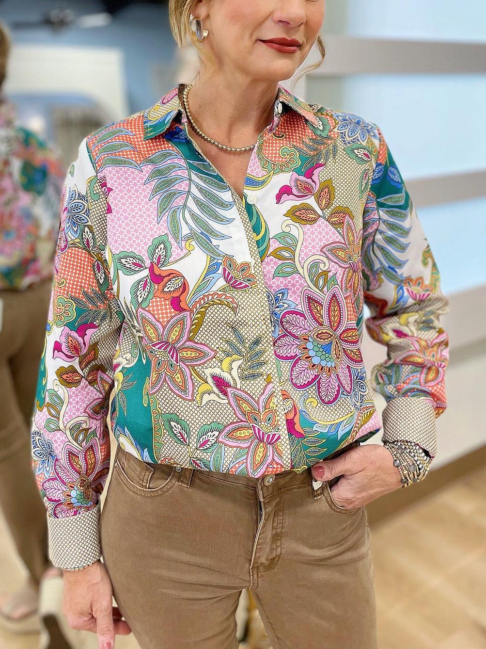 Multi Floral Print Collared Long Sleeve Blouse
