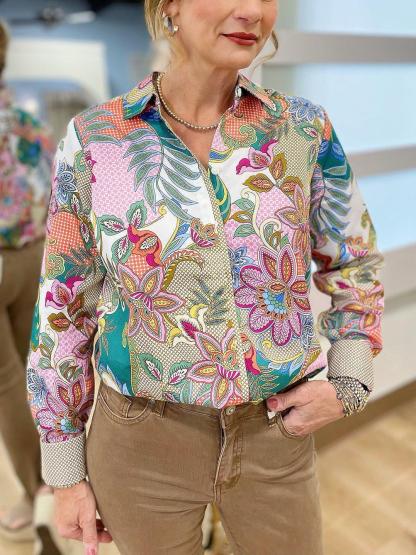 Multi Floral Print Collared Long Sleeve Blouse