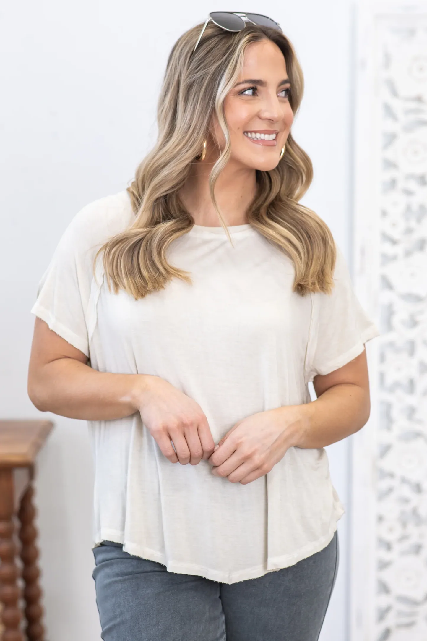 Washed Hi-Low Hem Knit Top