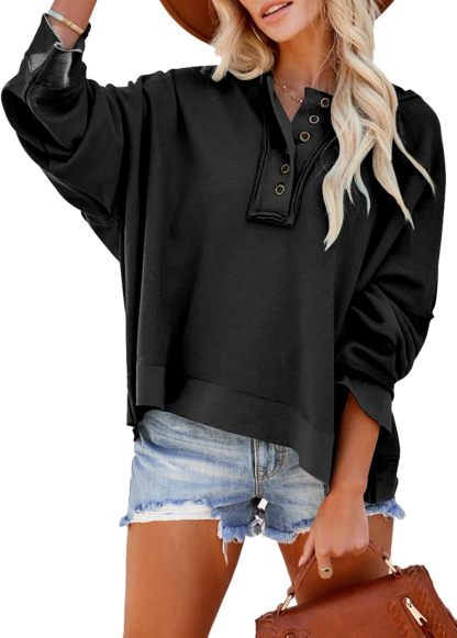 2024 Fashion Fall V Neck Button Down Long Sleeve Hooded Sweatshirts Tops