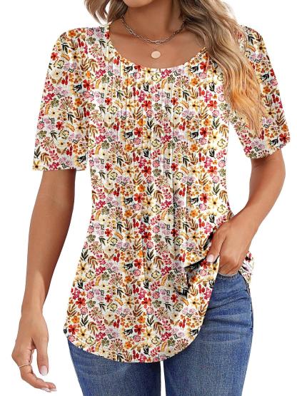 Women Summer Pleated Short Sleeve Tunic Blouses Shirts