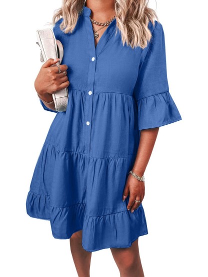 Women Casual V Neck Ruffle Short Sleeve Denim Dress
