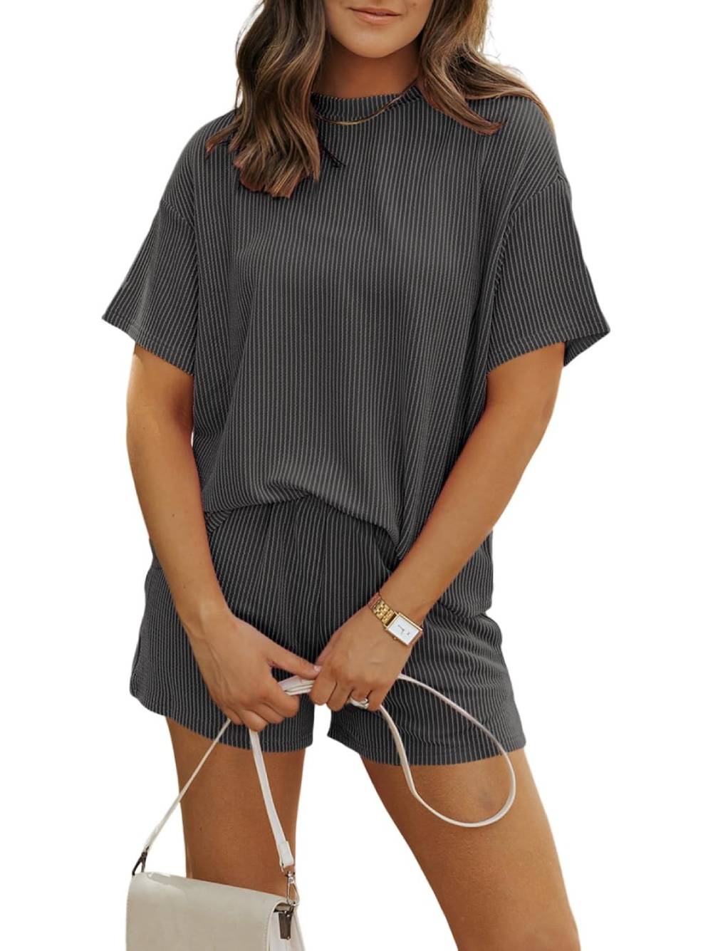 Women's Ribbed Textured Knit Loose Lounge Shorts 2 Piece Set