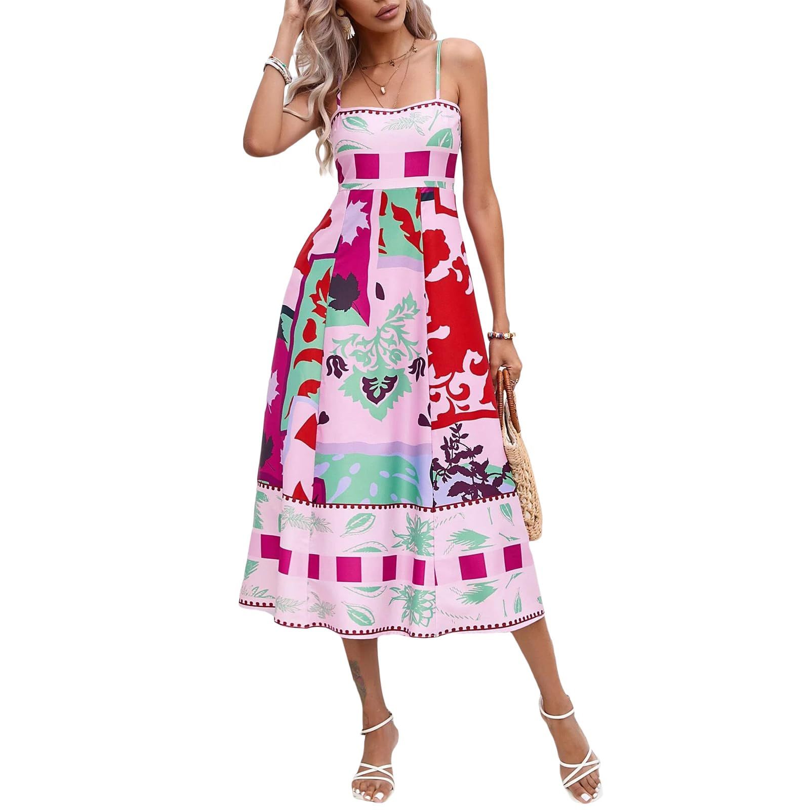 Women Boho Beach Spaghetti Strap Flowy Dress