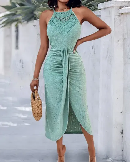 Halter Hollow-out A Line Sleeveless Front Slit Ruched Vacation Maxi Dress
