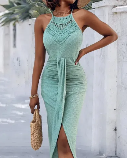 Halter Hollow-out A Line Sleeveless Front Slit Ruched Vacation Maxi Dress