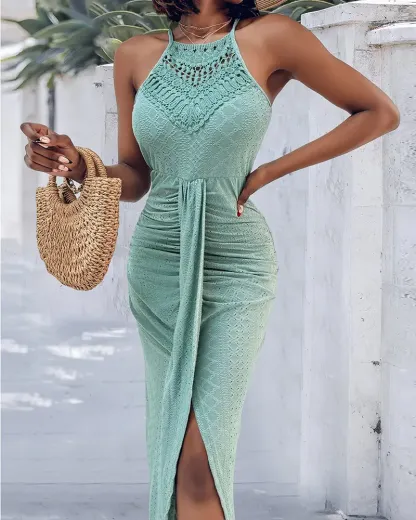 Halter Hollow-out A Line Sleeveless Front Slit Ruched Vacation Maxi Dress