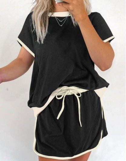 Women's Colorblock Edge Drop Shoulder T Shirt Skort 2Pcs Set